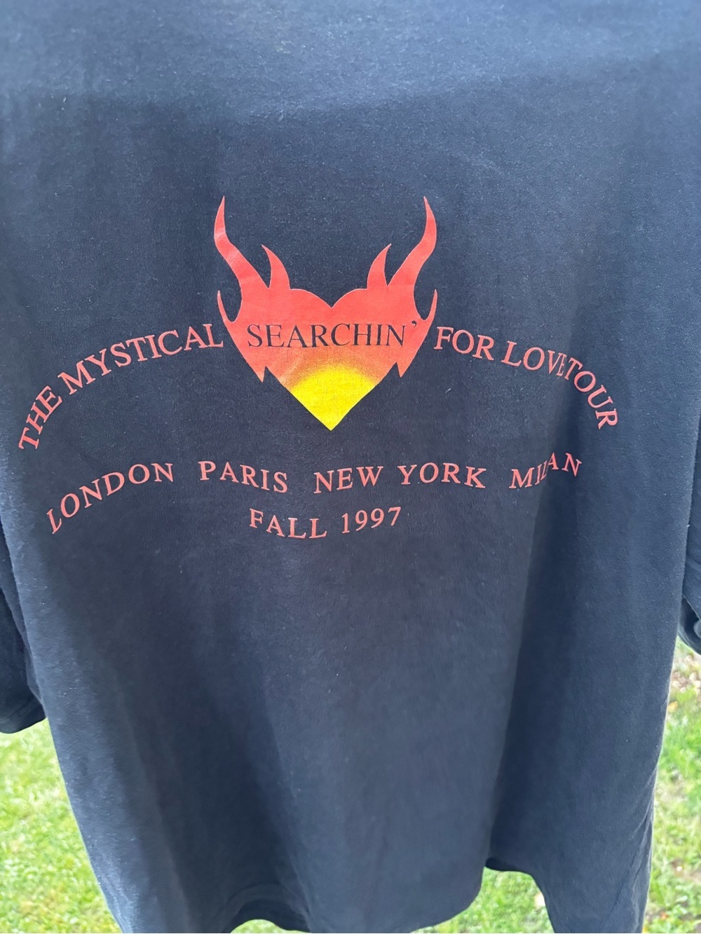 Vintage Versace Black Tee with Red and Yellow Flame Logo Searching for Love - Picture 5 of 15